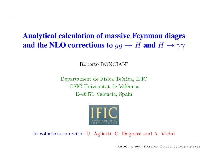analytical calculation of massive feynman diagrs and the