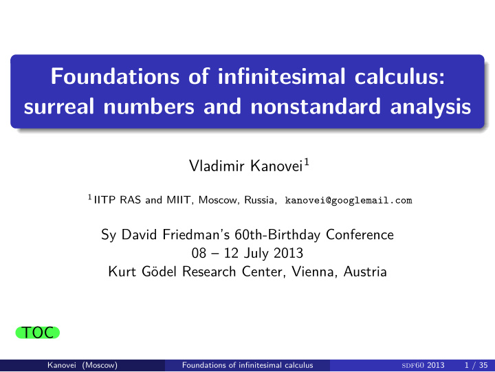 foundations of infinitesimal calculus surreal numbers and