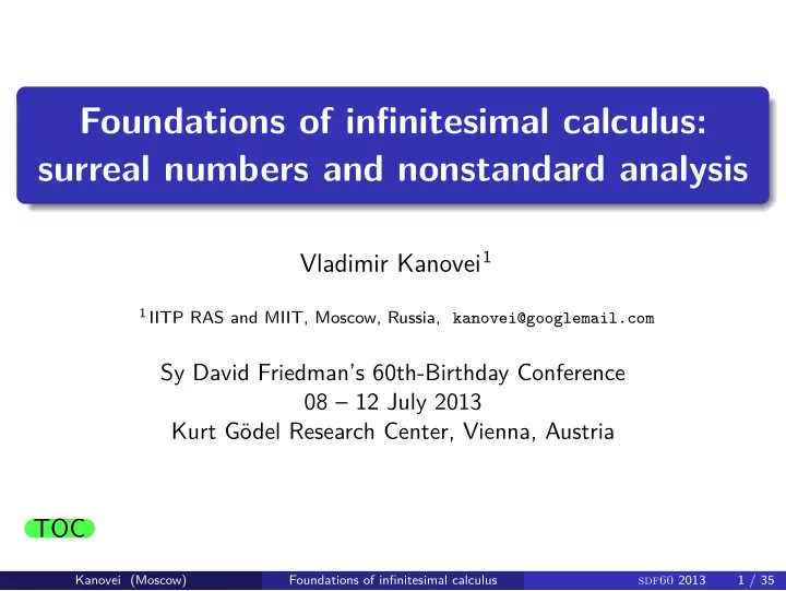 foundations of infinitesimal calculus surreal numbers and