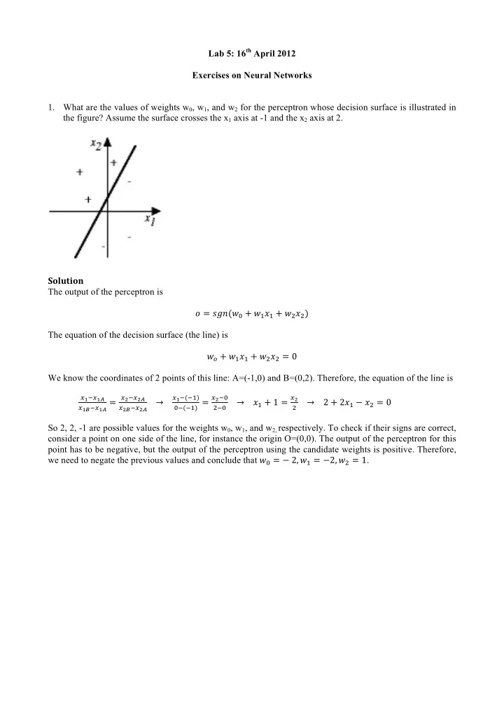 lab 5 16 th april 2012 exercises on neural networks 1