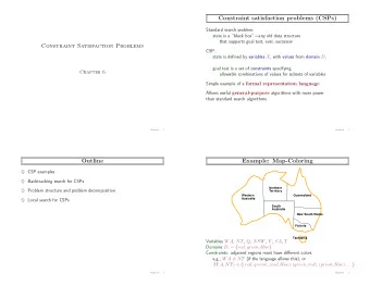 Constraint satisfaction problems (CSPs)  Standard search problem:  state is a black boxany