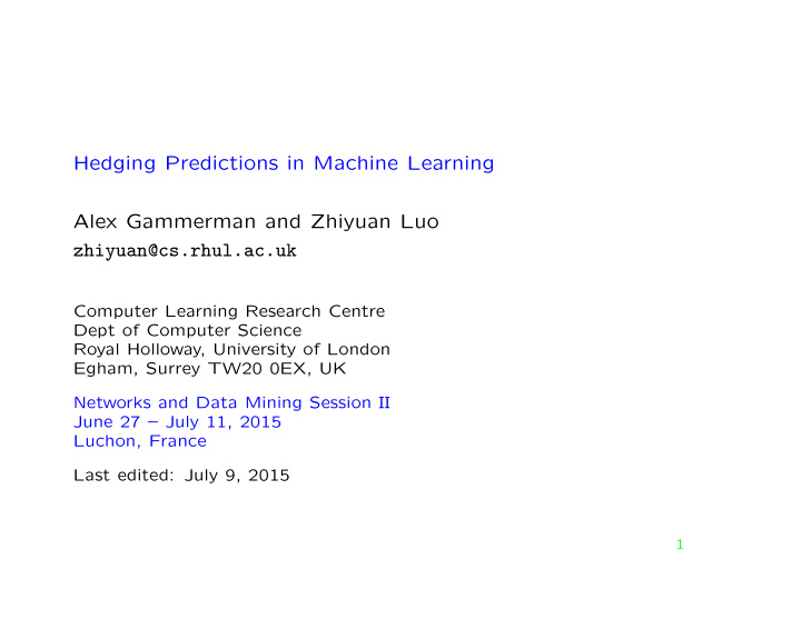 hedging predictions in machine learning alex gammerman