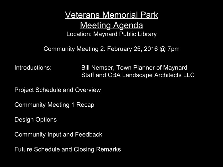 veterans memorial park meeting agenda