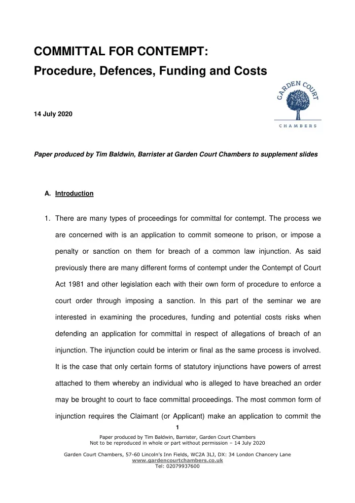 committal for contempt procedure defences funding and