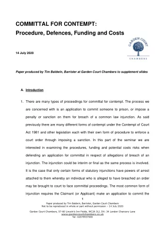 COMMITTAL FOR CONTEMPT:  Procedure, Defences, Funding and Costs  14 July 2020  Paper produced by