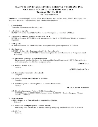 GENERAL COUNCIL - MEETING MINUTES  Tuesday May 11, 20 10 Via Teleconference PRESENT: Jeanette