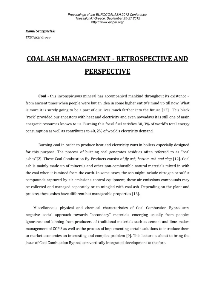 coal ash management retrospective and perspective