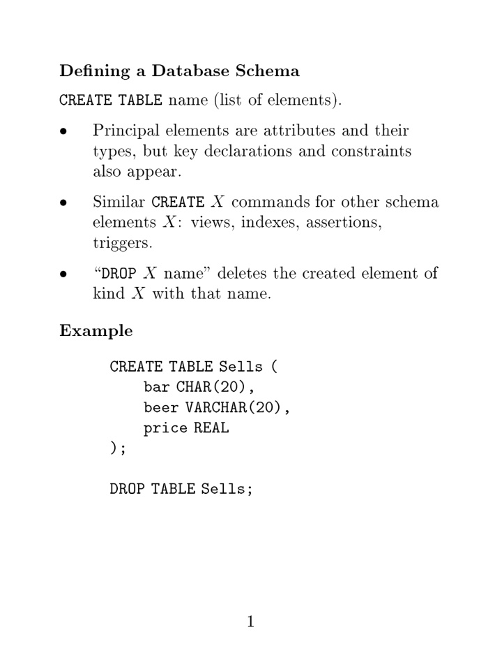 de ning a database sc hema name list of elemen ts create