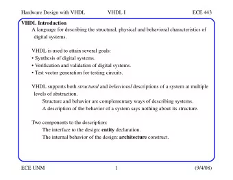 Hardware Design with VHDL  VHDL I  ECE 443  VHDL Introduction  A language for describing the