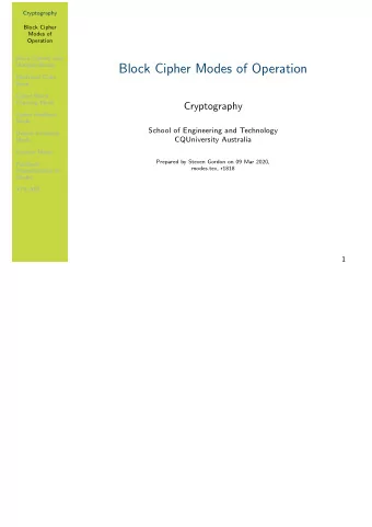 Block Cipher Modes of Operation  Electronic Code  Book  Cipher Block  Chaining Mode  Cryptography
