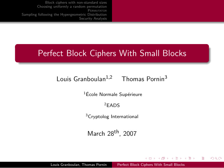 perfect block ciphers with small blocks