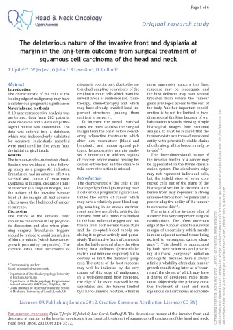 Original research study  The deleterious nature of the invasive front and dysplasia at  margin in