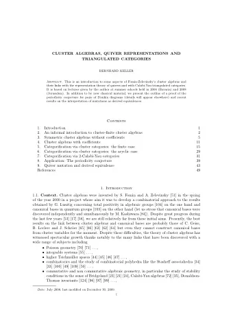 CLUSTER ALGEBRAS, QUIVER REPRESENTATIONS AND  TRIANGULATED CATEGORIES  BERNHARD KELLER Abstract.