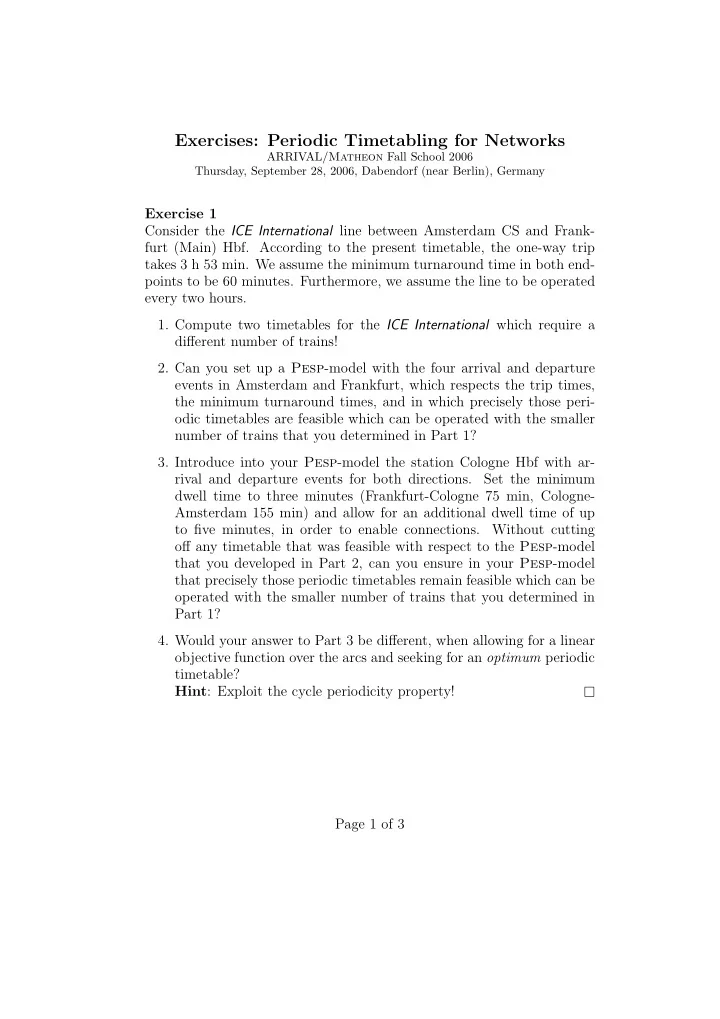 exercises periodic timetabling for networks