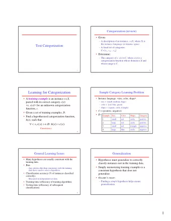 Learning for Categorization  Sample Category Learning Problem  A training example is an instance