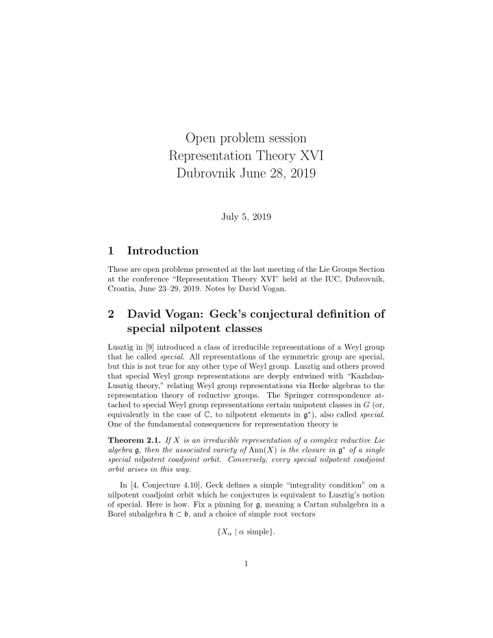 open problem session representation theory xvi dubrovnik