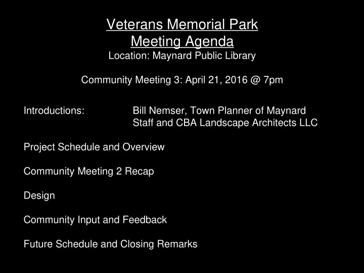 veterans memorial park meeting agenda