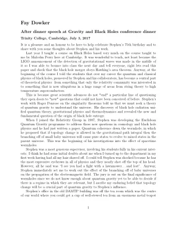 Fay Dowker  After dinner speech at Gravity and Black Holes conference dinner  Trinity College,