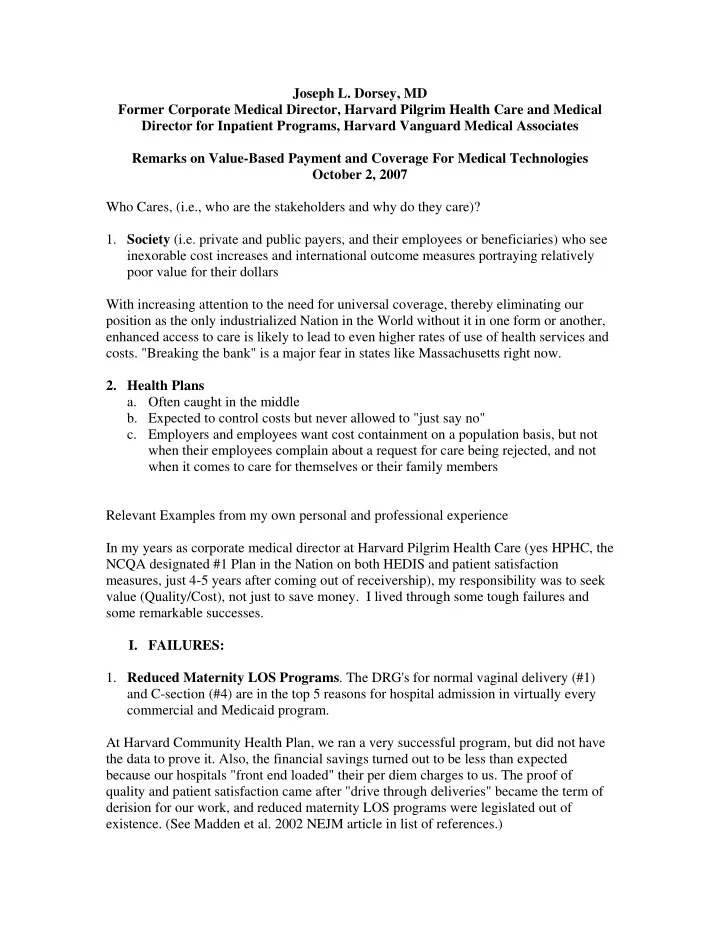joseph l dorsey md former corporate medical director