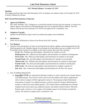Lake Park Elementary School SAC Meeting Minutes:  November 20, 2019  Opening:  The regular