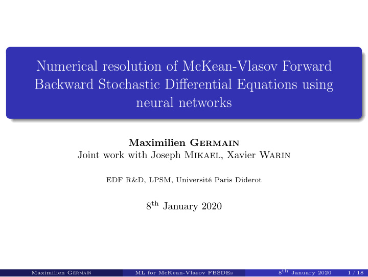 numerical resolution of mckean vlasov forward backward