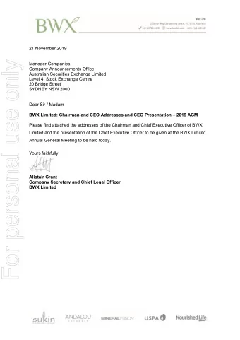 For personal use only  Manager Companies  Company Announcements Office  Australian Securities