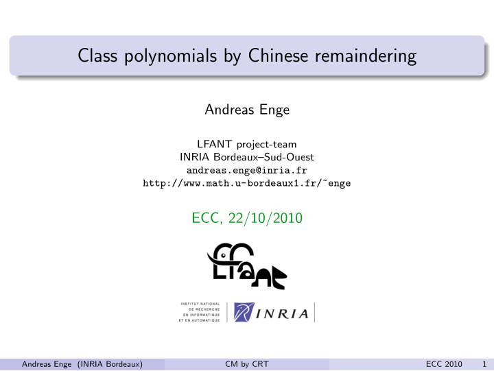 class polynomials by chinese remaindering