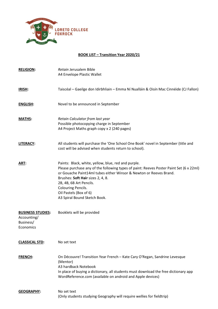 book list transition year 2020 21 religion retain