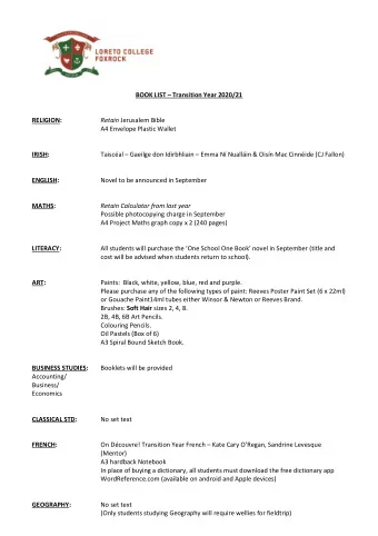 BOOK LIST  Transition Year 2020/21  RELIGION: Retain Jerusalem Bible  A4 Envelope Plastic Wallet