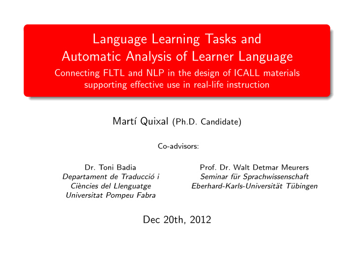 language learning tasks and automatic analysis of learner