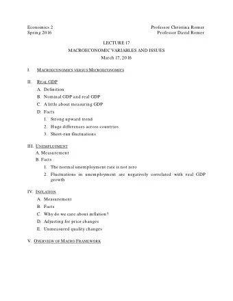 Economics 2  Professor Christina Romer  Spring 2016  Professor David Romer  LECTURE 17