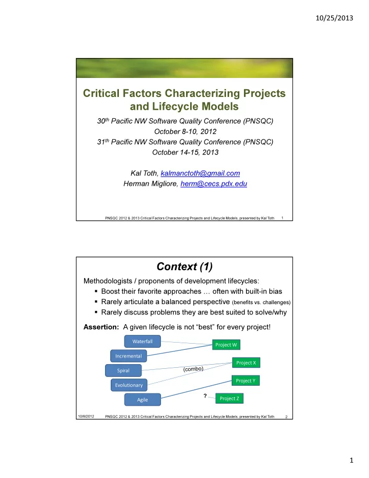 critical factors characterizing projects and lifecycle