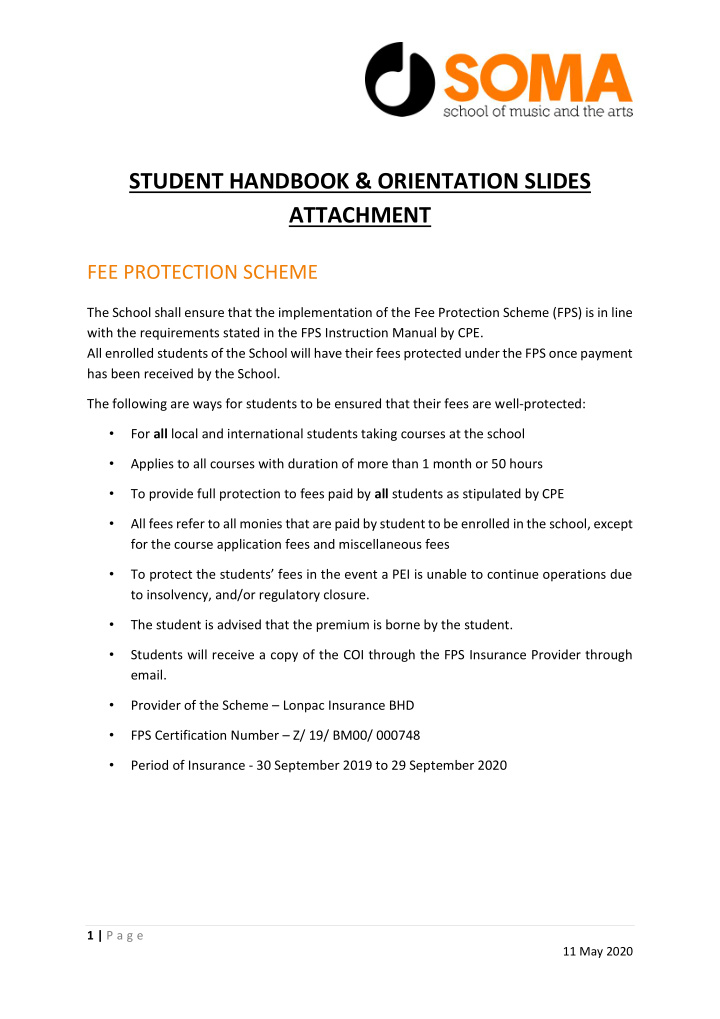 student handbook orientation slides attachment