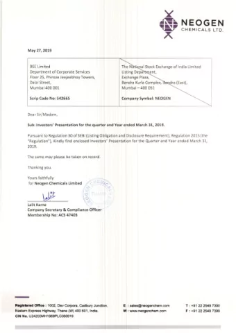 A  May 27, 2019  BSELimited The N . nal Stock Exchange of India Limited  Department  of Corporate