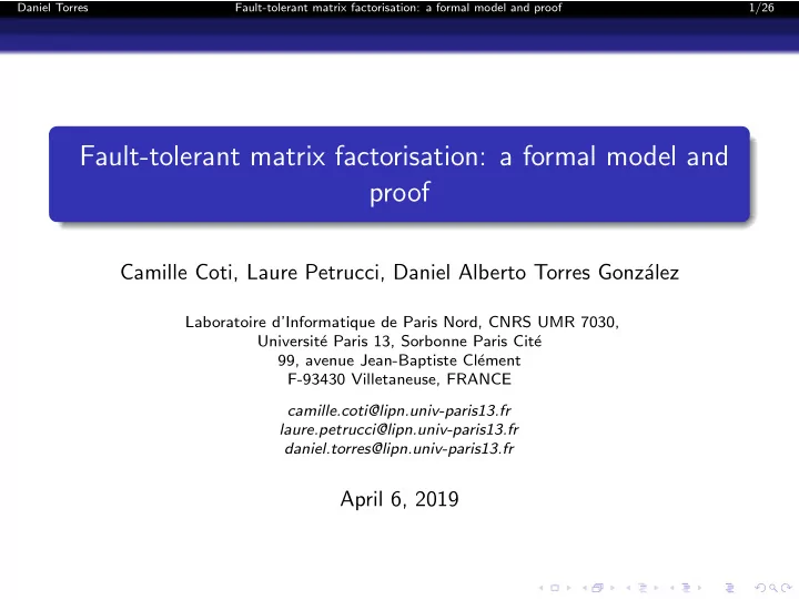 fault tolerant matrix factorisation a formal model and