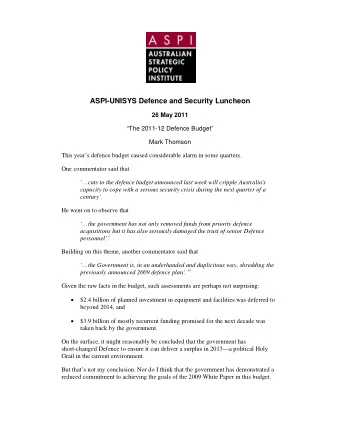 ASPI-UNISYS Defence and Security Luncheon  26 May 2011  The 2011-12 Defence Budget  Mark