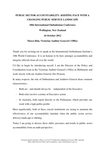 PUBLIC SECTOR ACCOUNTABILITY: KEEPING PACE WITH A  CHANGING PUBLIC SERVICE LANDSCAPE  10th