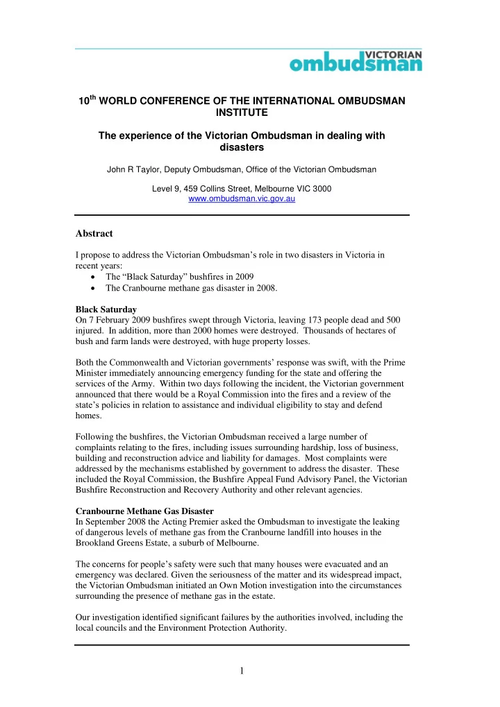 10 th world conference of the international ombudsman