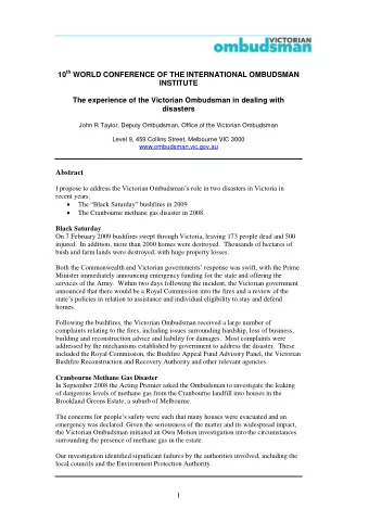 10 th WORLD CONFERENCE OF THE INTERNATIONAL OMBUDSMAN  INSTITUTE  The experience of the Victorian