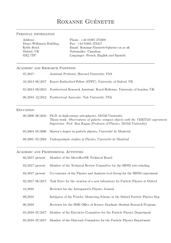 Roxanne Gu  enette  Personal information  Address:  Phone: +44 01865 273409  Denys Wilkinson