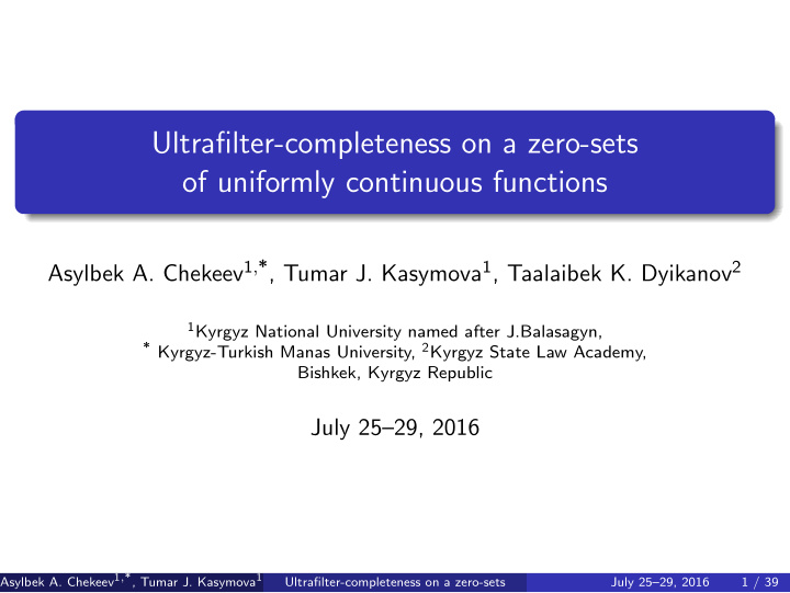 ultrafilter completeness on a zero sets of uniformly