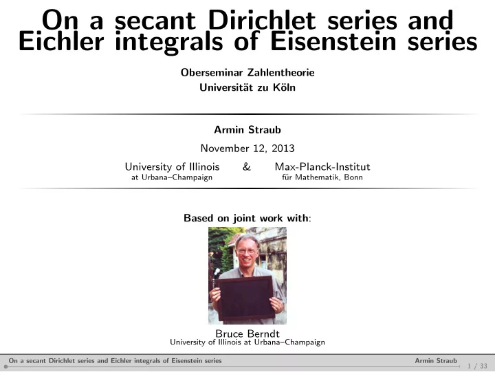 on a secant dirichlet series and eichler integrals of