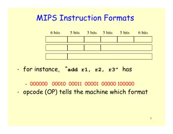 MIPS Instruction Formats  6 bits  5 bits  5 bits  5 bits  5 bits  6 bits  for instance,