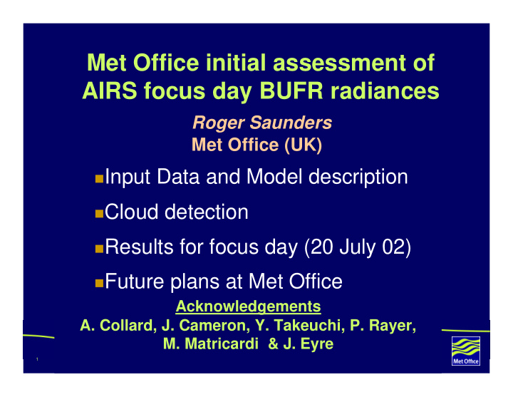 met office initial assessment of airs focus day bufr