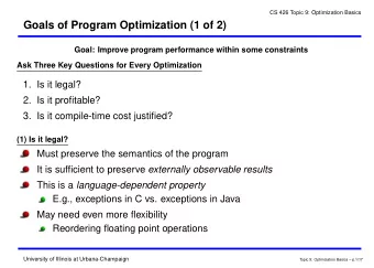 Goals of Program Optimization (1 of 2)  Goal: Improve program performance within some constraints