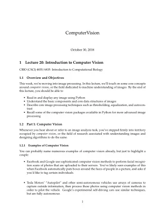 ComputerVision  October 30, 2018  1  Lecture 20: Introduction to Computer Vision  CBIO (CSCI)
