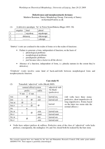 Workshop on Theoretical Morphology, University of Leipzig, June 20-21 2008  Defectiveness and