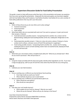 Supervisors Discussion Guide for Food Safety Presentation This guide is meant to help staff process