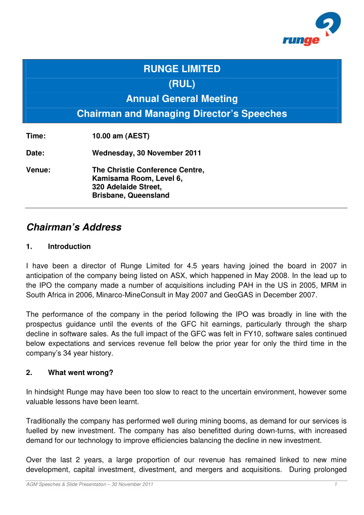 runge limited rul annual general meeting chairman and