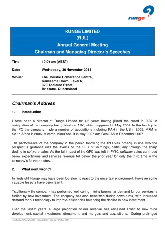RUNGE LIMITED  (RUL)  Annual General Meeting  Chairman and Managing Directors Speeches  Time: